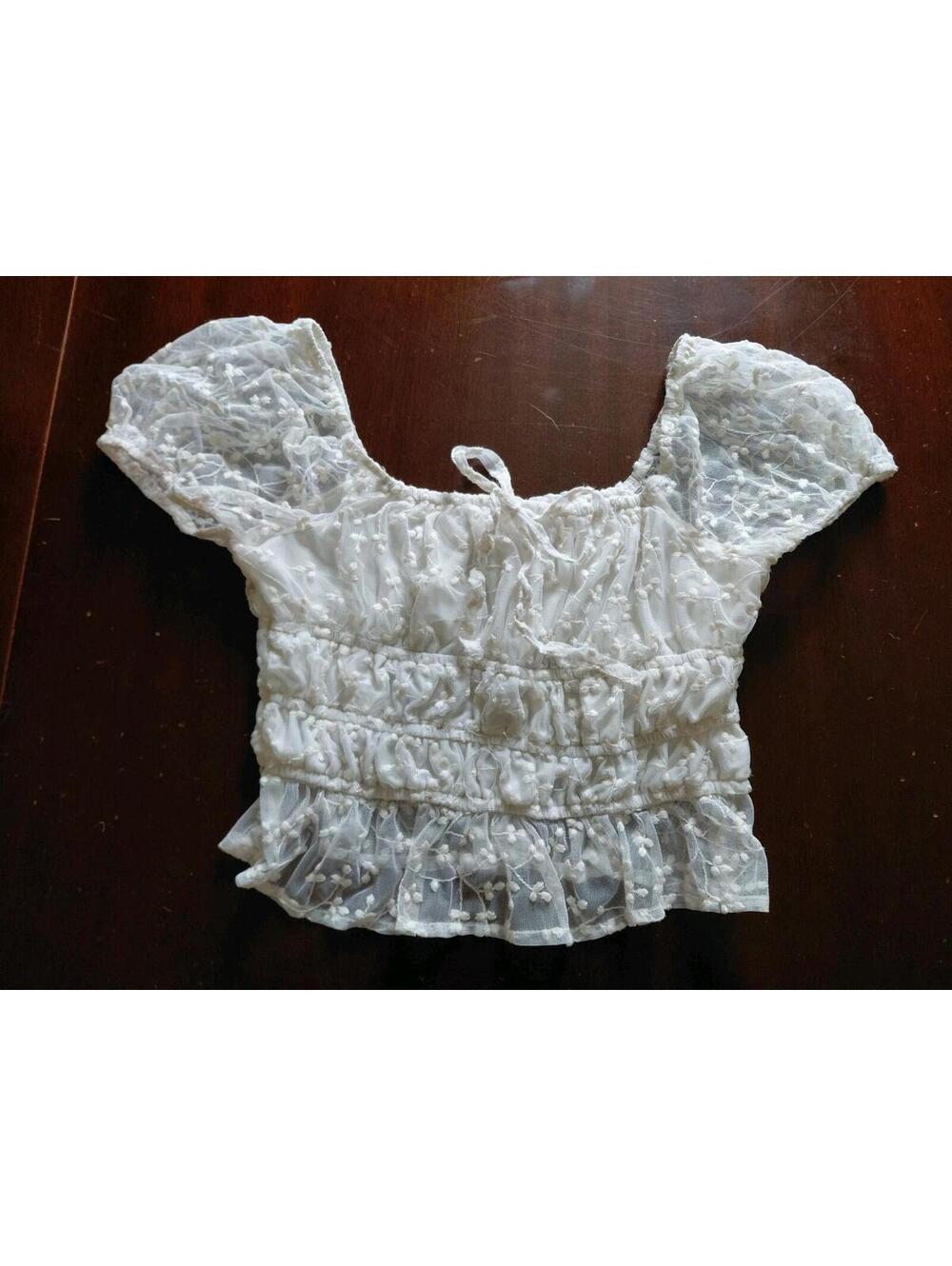 Japna White Mesh Floral Smocked Puff Sleeve Crop Top Medium Fairycore Milkmaid